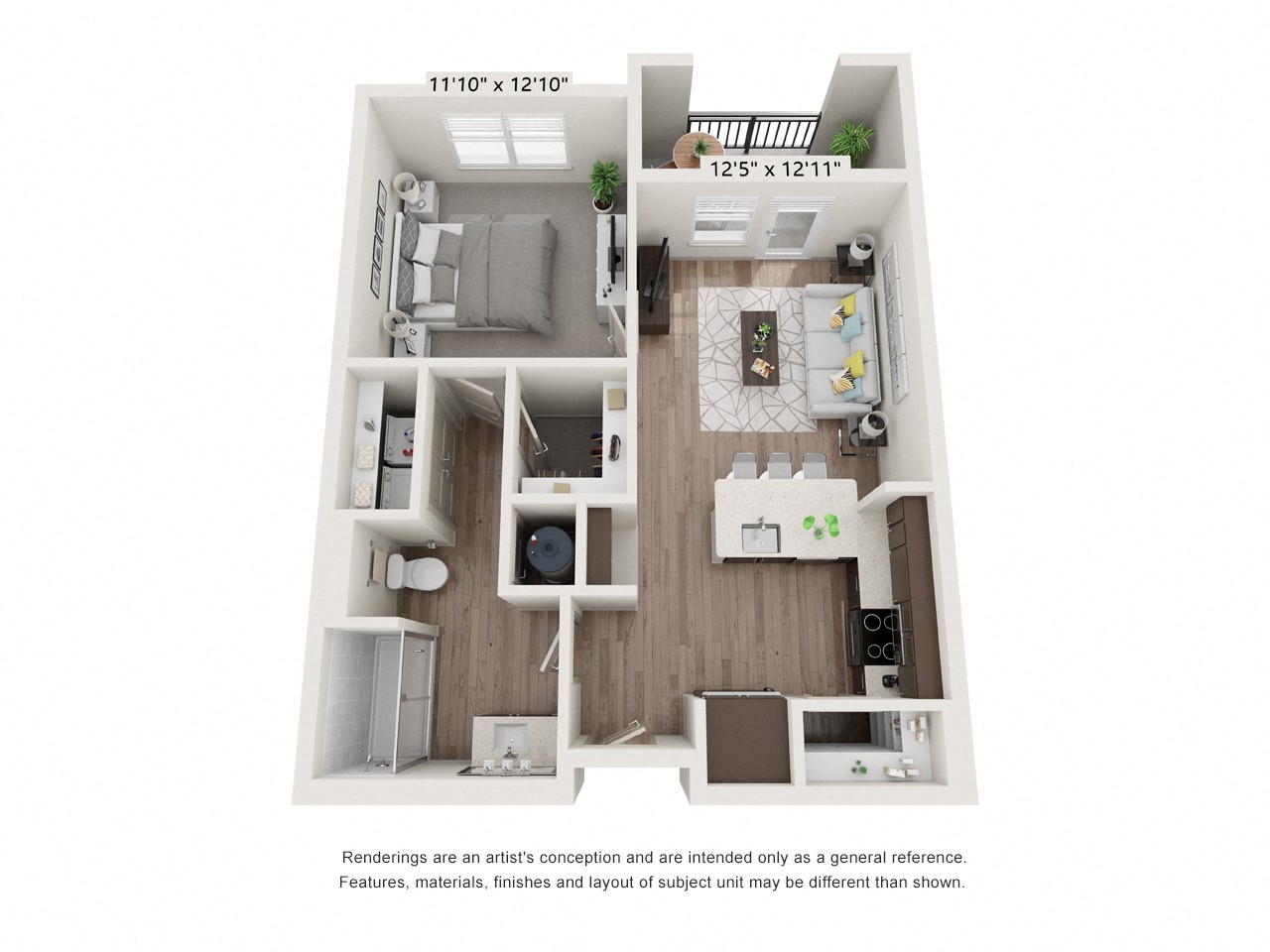 Floor plan for 1 bed, 1 bath, 653 sqft